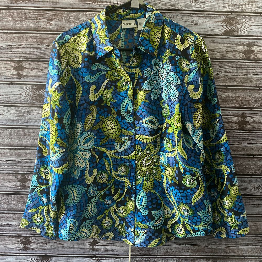 Chico's Women's Long-Sleeved Button-Down Blouse Size L 100% Silk Turtle